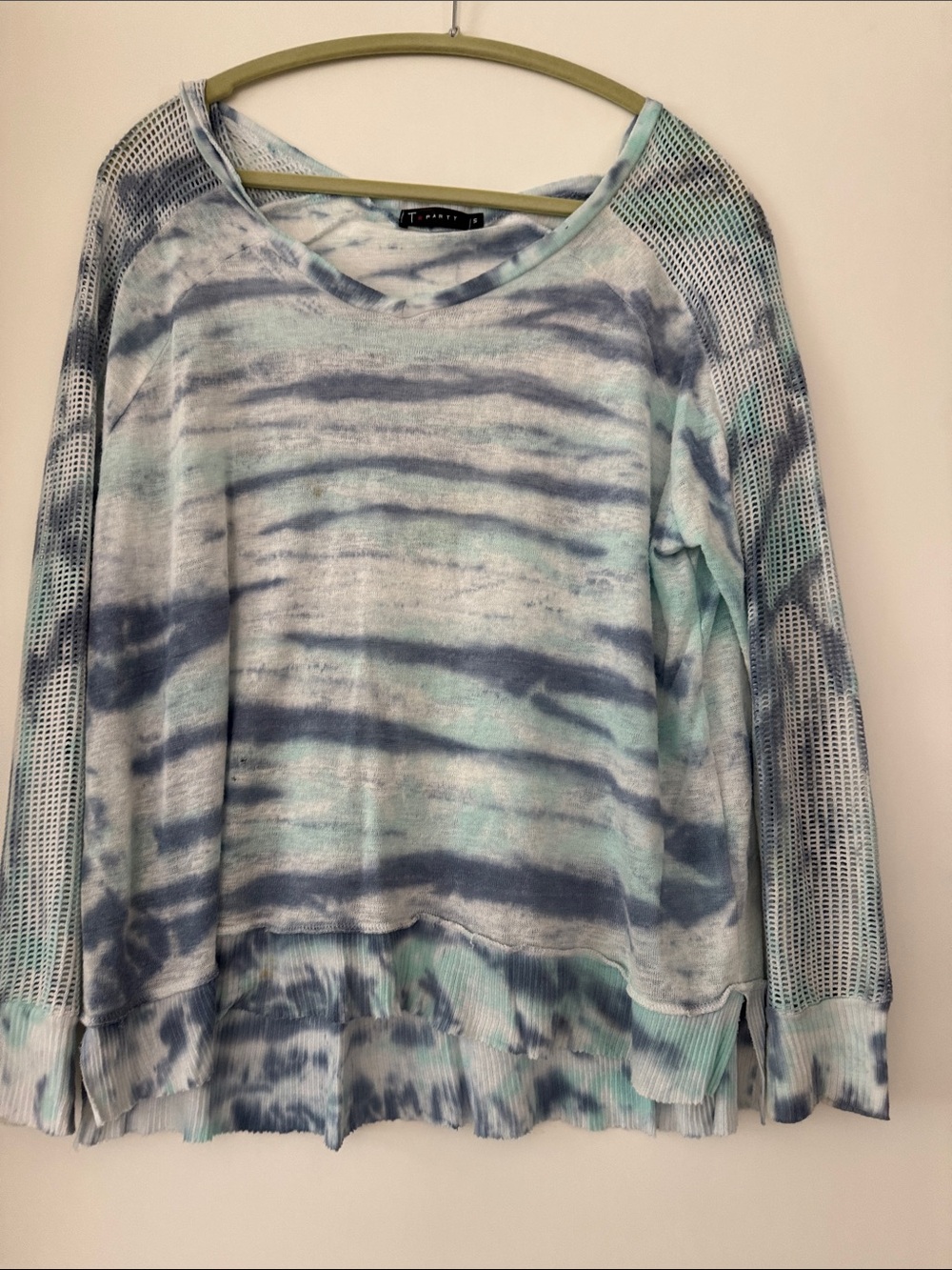 Z Supply Blue and Aqua Tie-Dye Mesh Sleeve Pullover